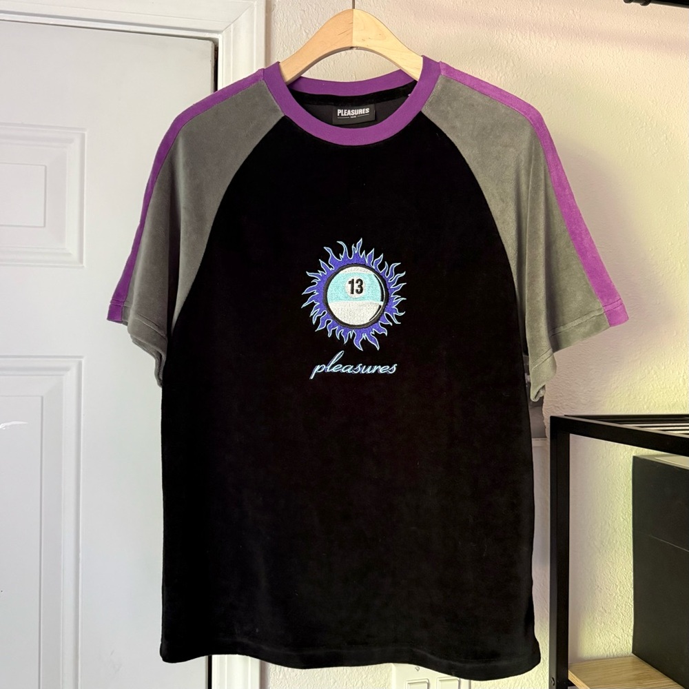 PLEASURES purple grey black colorblock raglan velour‎ suede logo embroidered tee
